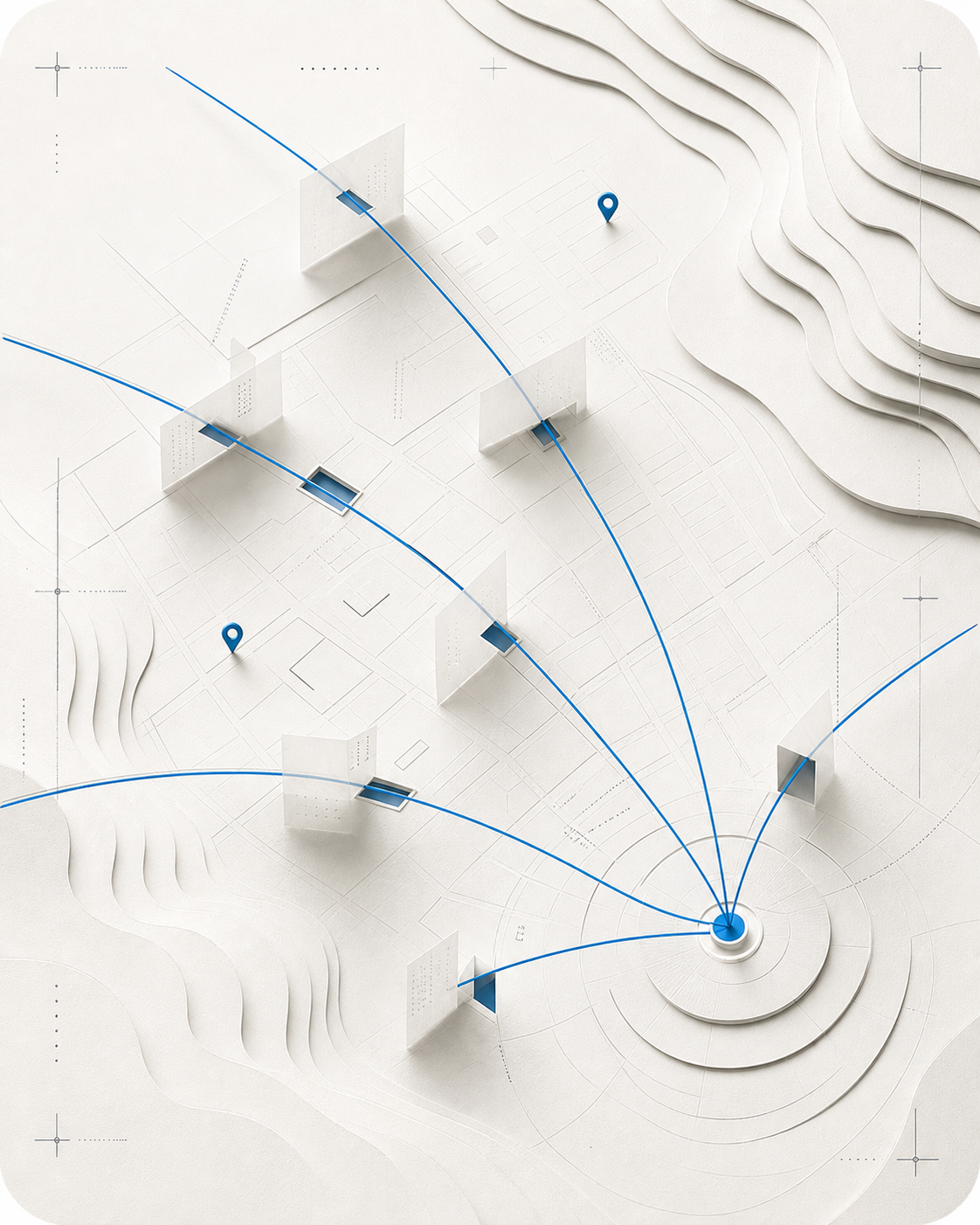 Abstract paper map with blue discovery paths converging on a single customer contact point