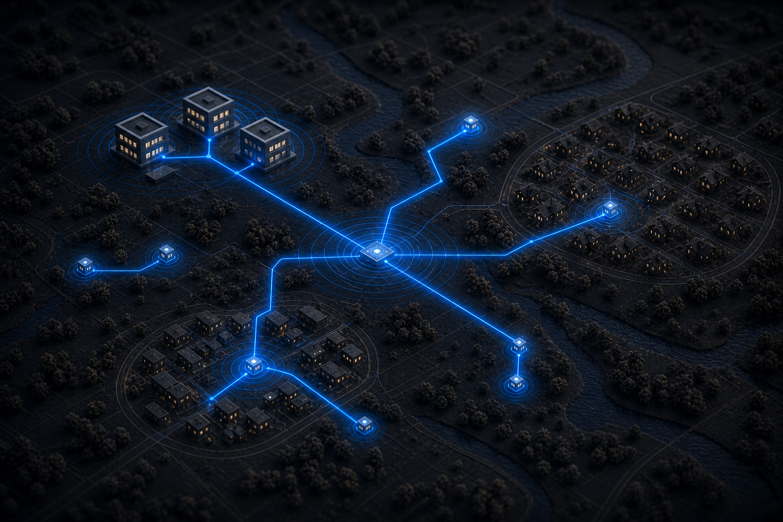 Service, location, and resource nodes connected through a shared regional network
