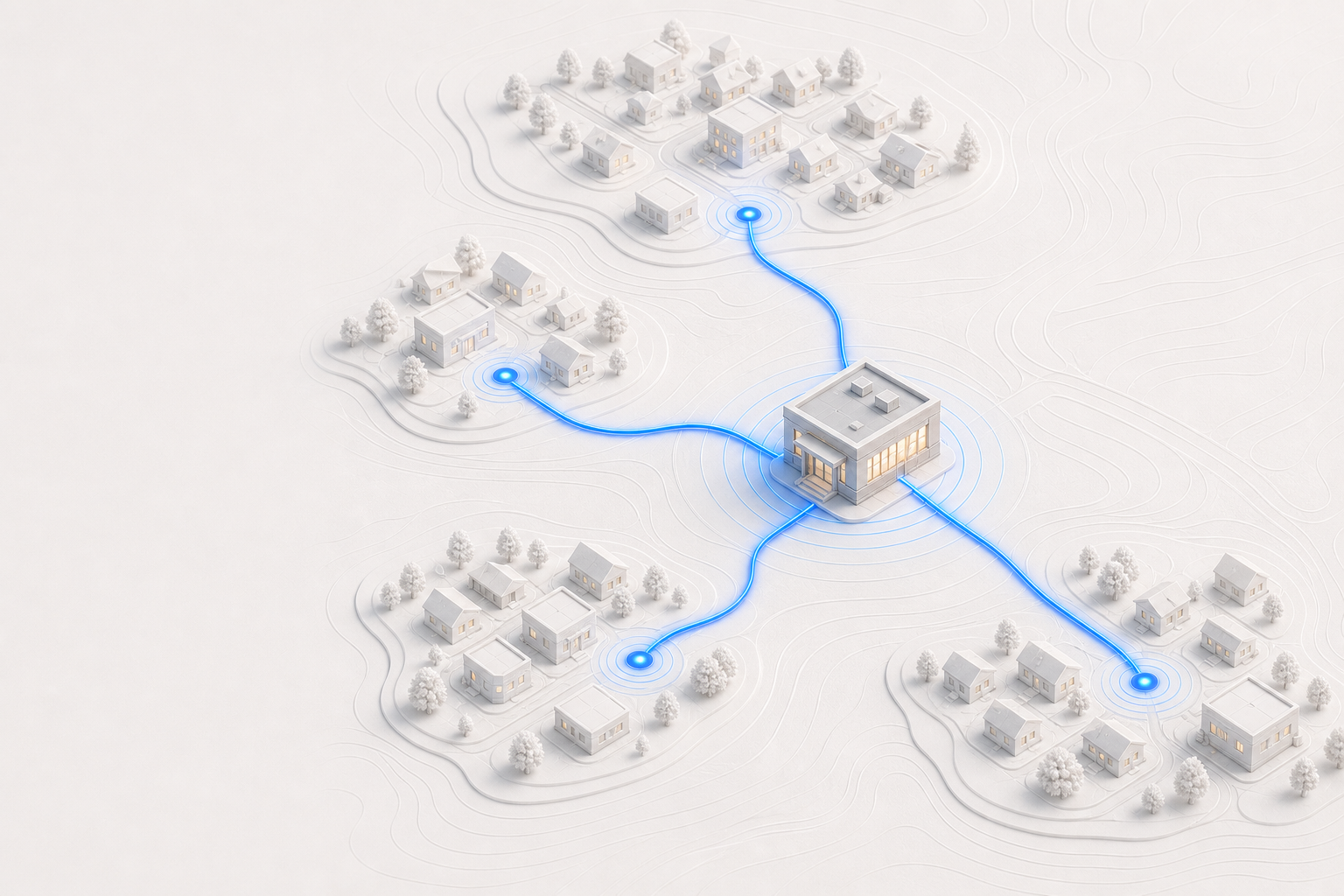 Abstract local business connected to inquiry signals from nearby communities