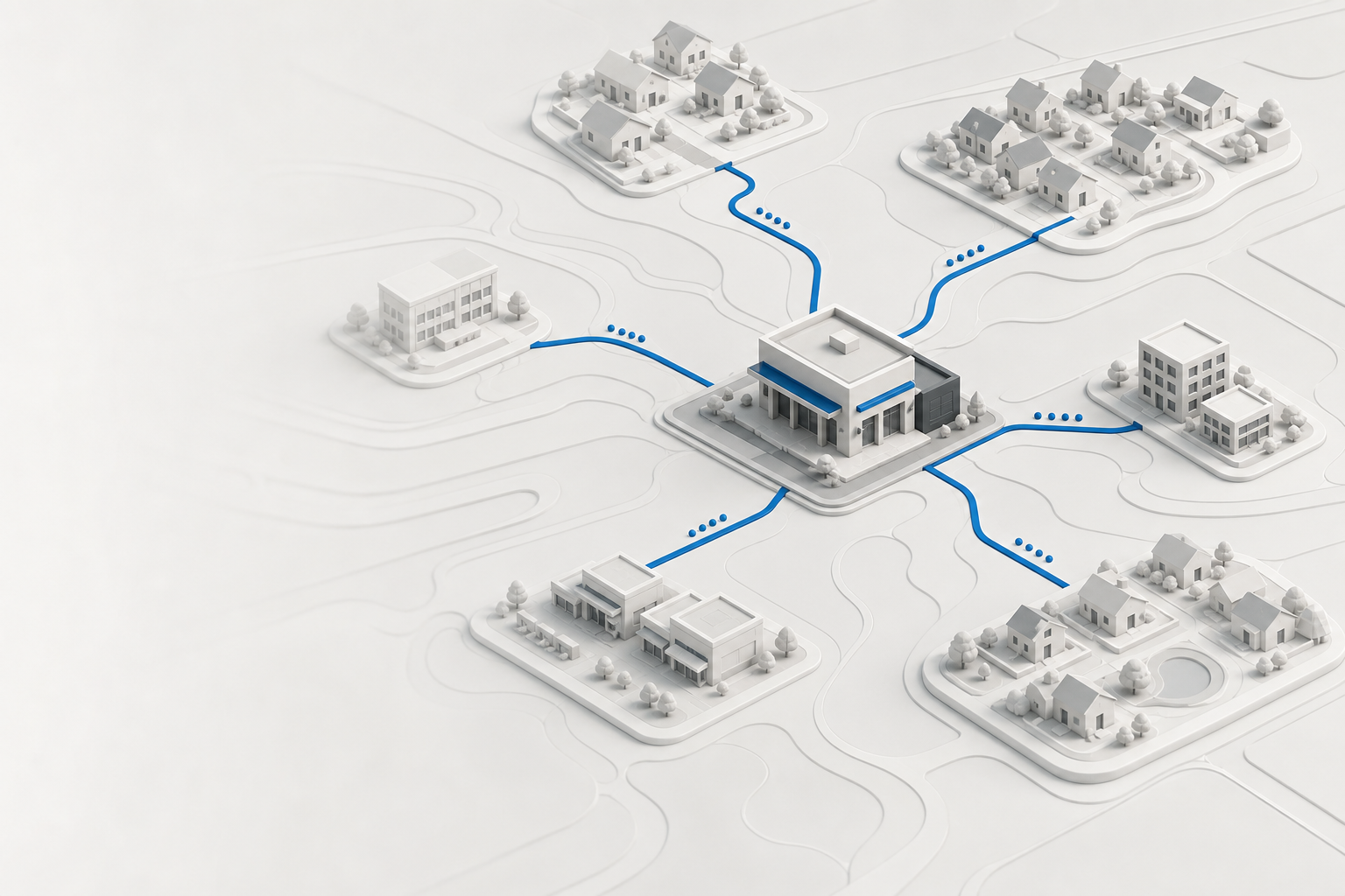 Abstract inquiry network connecting an Orlando-area service business with several customer communities