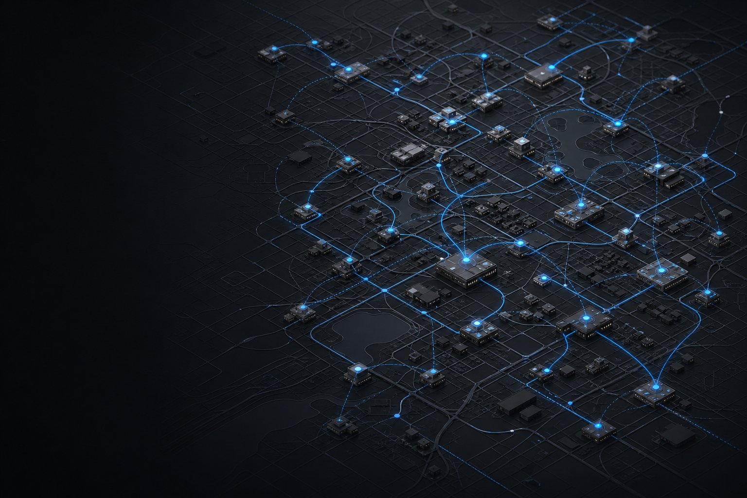 Abstract regional search network connecting businesses and customer paths across greater Orlando