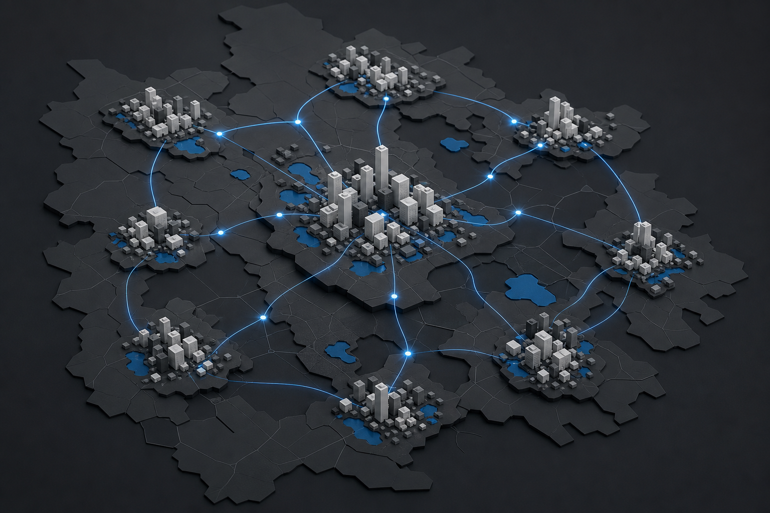 Abstract network connecting distinct community clusters across a regional service area