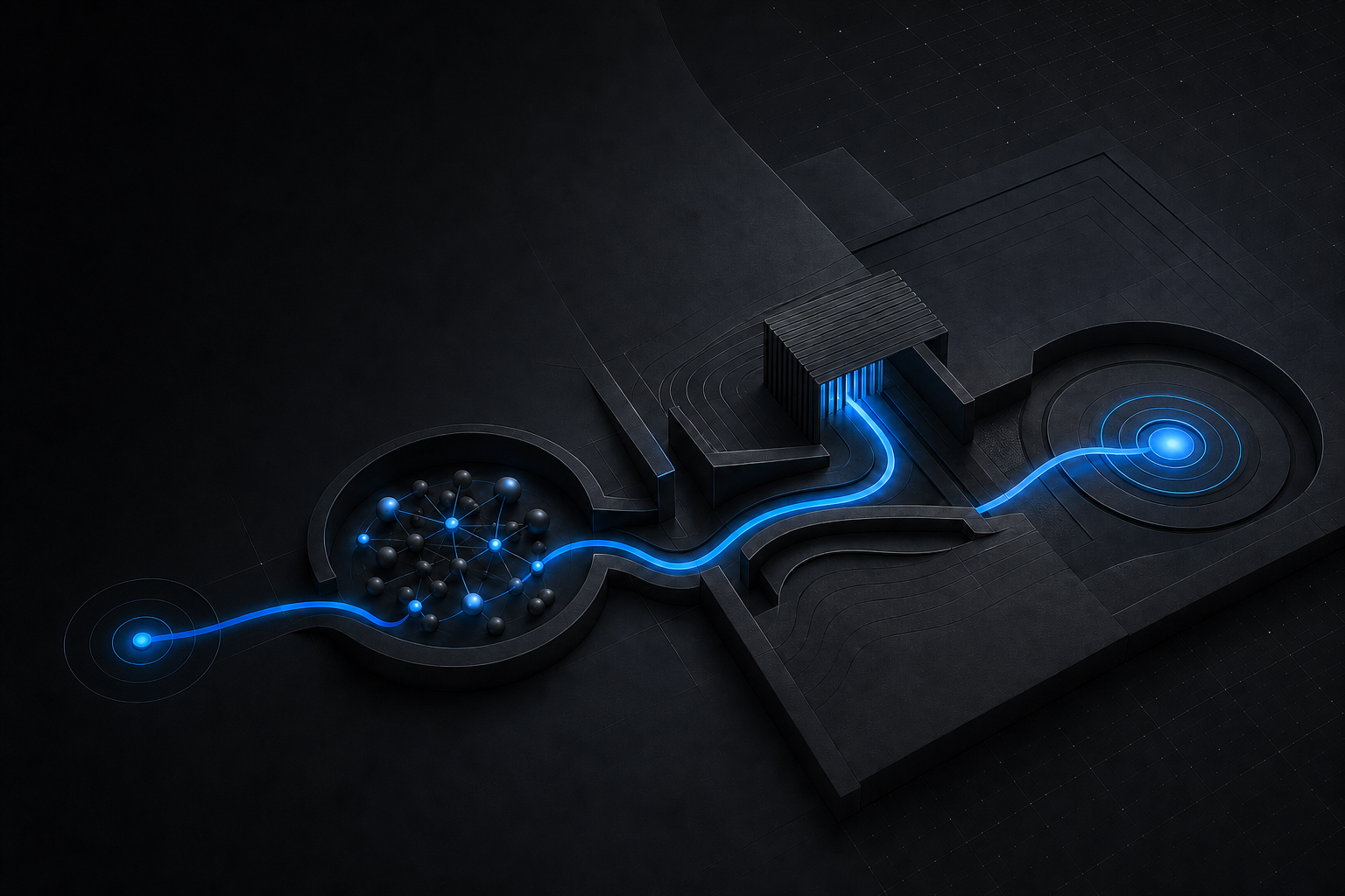Abstract blue path connecting search discovery, website understanding, and a qualified business inquiry