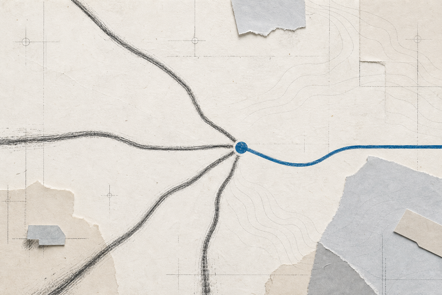 Four charcoal paths converge at a blue decision point and continue as one clear route