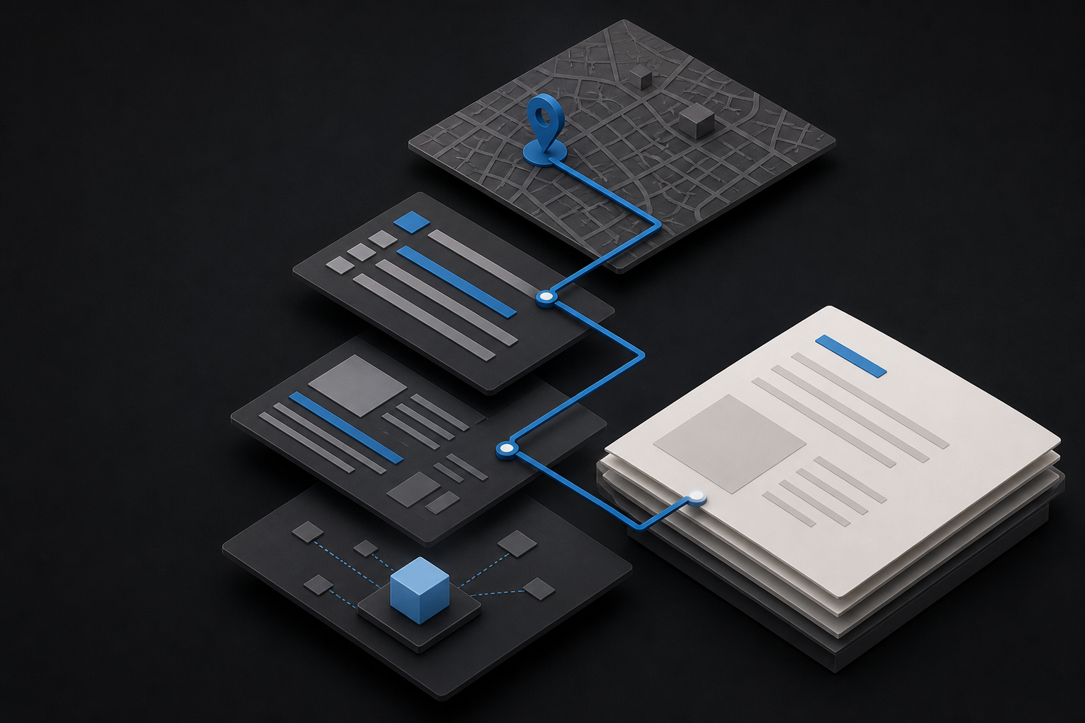 Isometric map, search, website, and AI information planes connected by a blue route to a clear reading surface